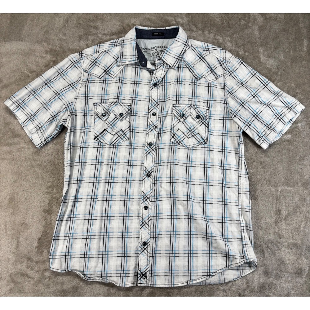 Moonshine Spirit Brad Paisley Western Shirt Mens L Pearl Snap White Blue Plaid